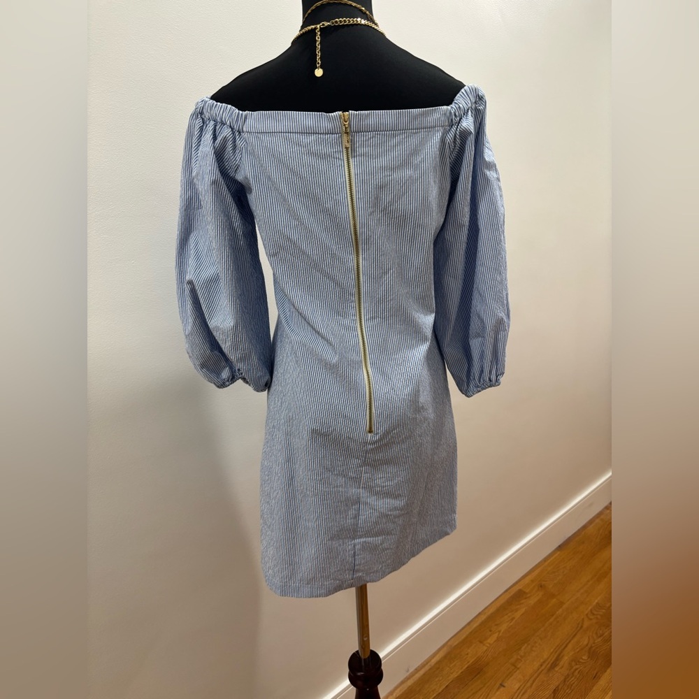 532. Eliza J Blue and White Striped Off-Shoulder Mini Dress with Crochet Trim - Picture 3 of 6